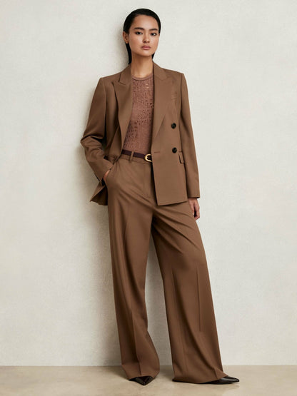 Reiss Popular Choice - Wool-Blend Double-Breasted Suit Blazer in Tan
