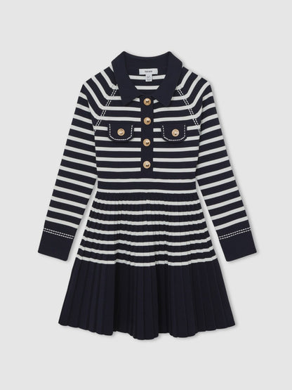 Reiss Affordable - 13-14 yrs Button-Detail Stripe Knitted Dress in Navy/White