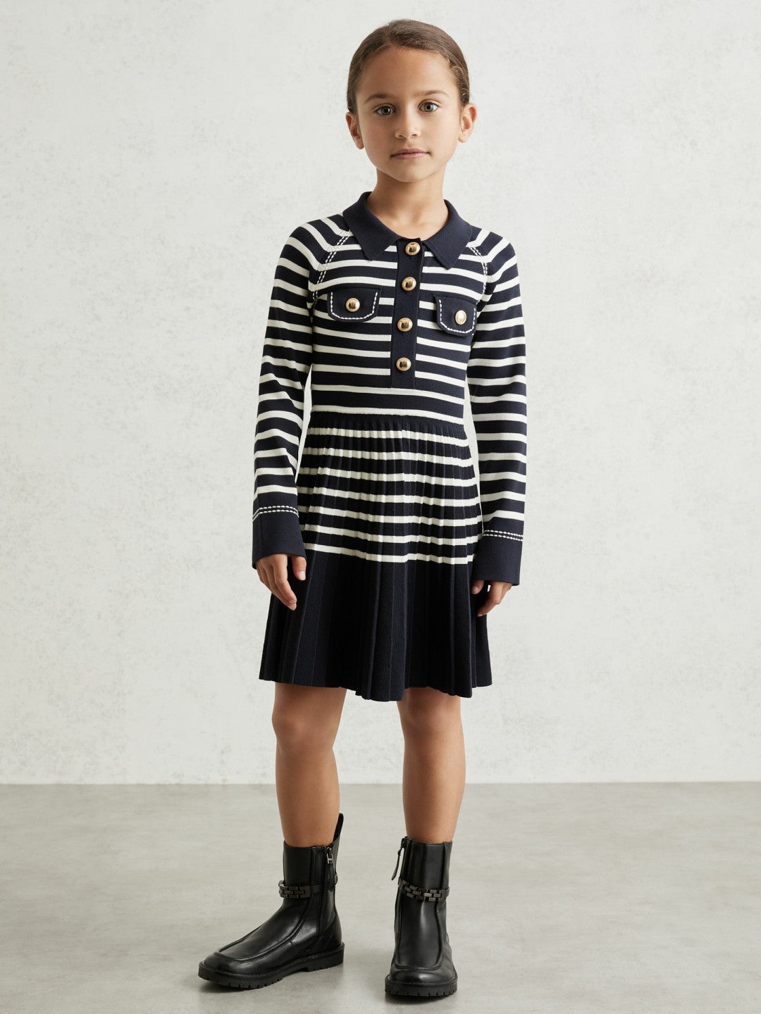 Reiss Affordable - 13-14 yrs Button-Detail Stripe Knitted Dress in Navy/White
