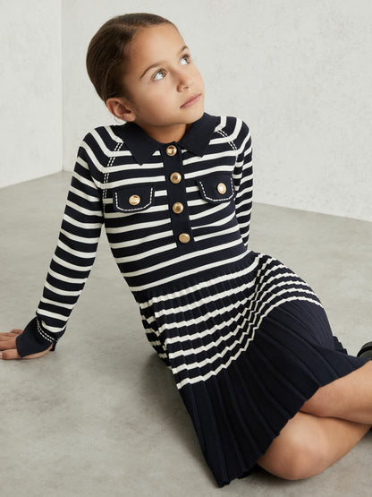 Reiss Affordable - 13-14 yrs Button-Detail Stripe Knitted Dress in Navy/White