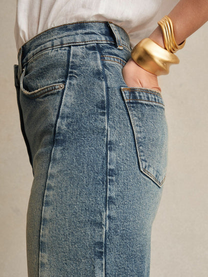 Reiss Offer - Petite Barrel-Leg Seam Jeans in Mid Blue