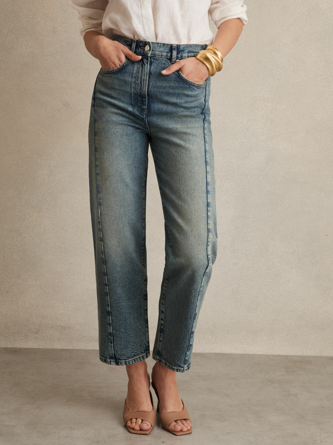 Reiss Offer - Petite Barrel-Leg Seam Jeans in Mid Blue