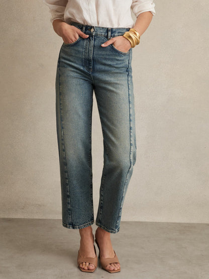 Reiss Offer - Petite Barrel-Leg Seam Jeans in Mid Blue