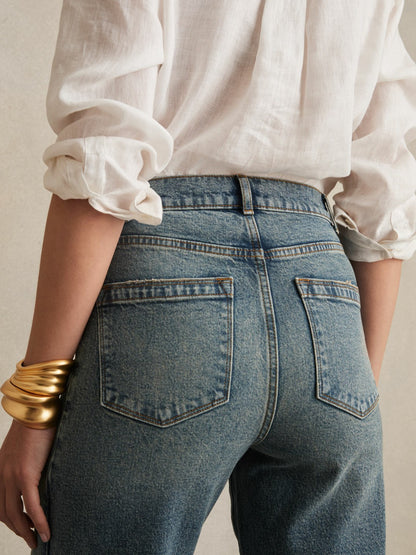 Reiss Offer - Petite Barrel-Leg Seam Jeans in Mid Blue