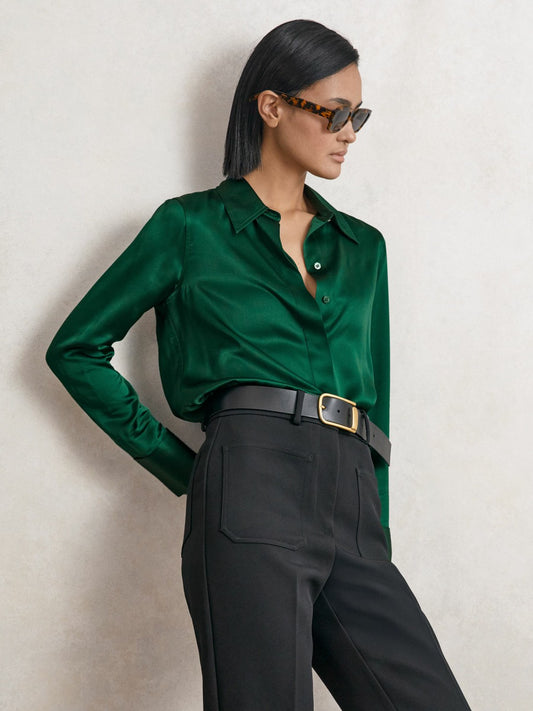 Reiss Deal - Silk-Satin Concealed-Placket Shirt in Green