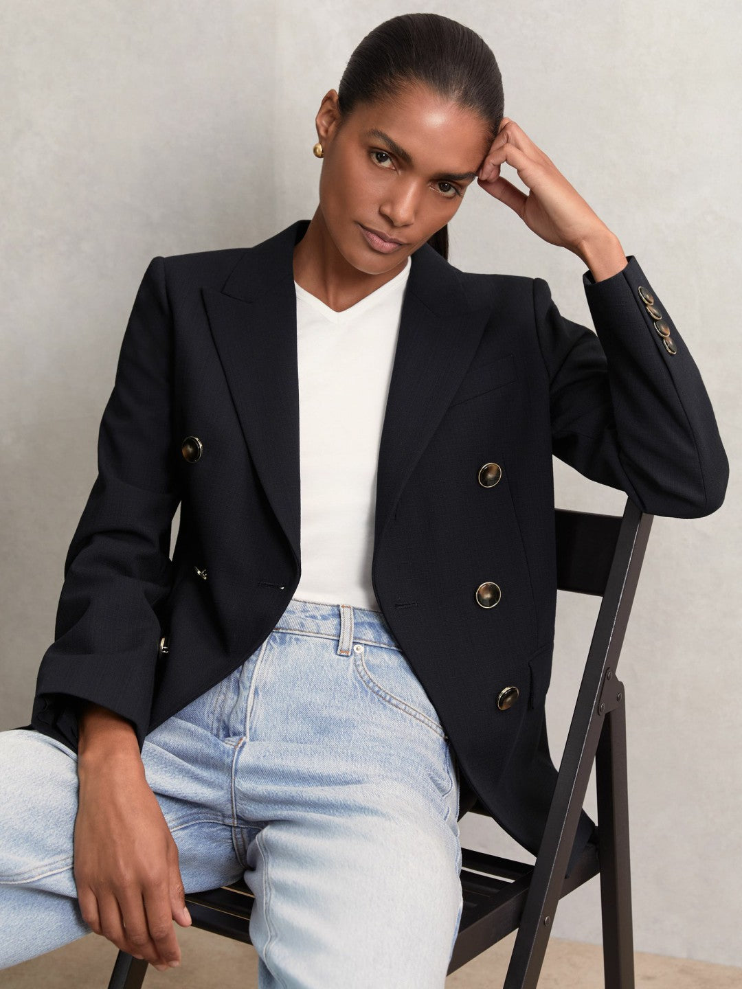 Reiss Affordable - Petite Wool-Blend Double-Breasted Blazer in Navy