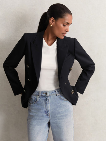 Reiss Affordable - Petite Wool-Blend Double-Breasted Blazer in Navy