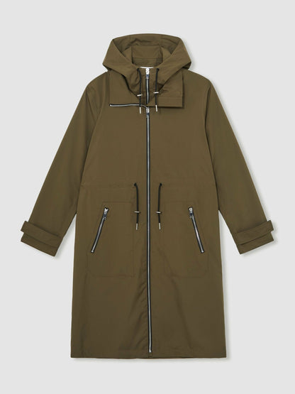 Reiss Petite Removable-Hood Parka Rain Coat in Khaki