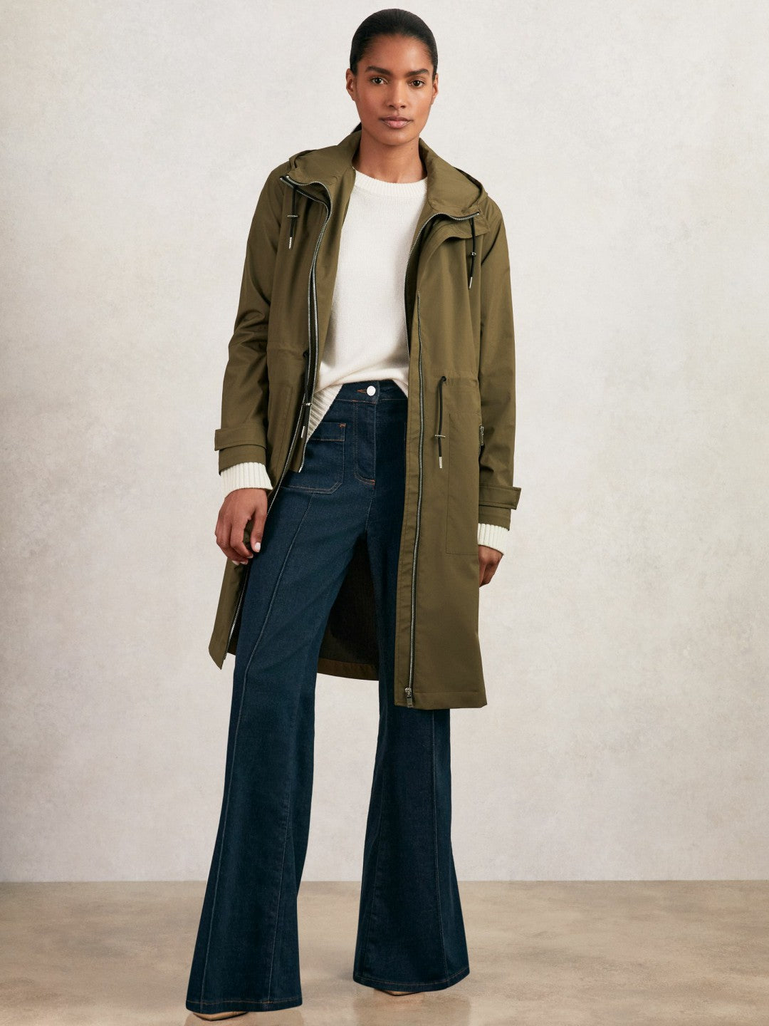 Reiss Petite Removable-Hood Parka Rain Coat in Khaki