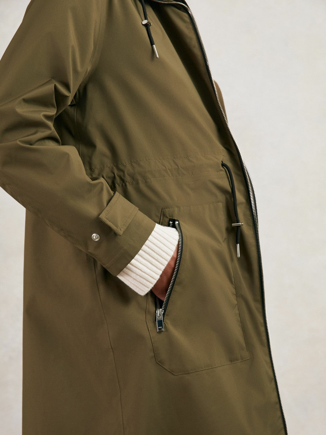 Reiss Petite Removable-Hood Parka Rain Coat in Khaki