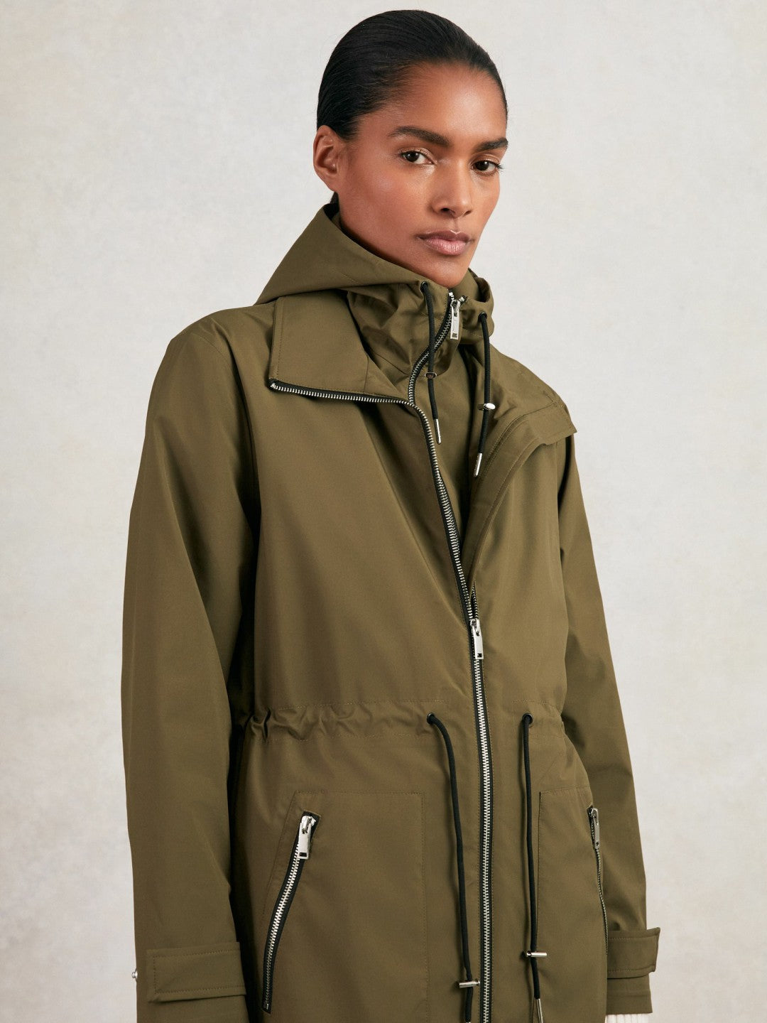 Reiss Petite Removable-Hood Parka Rain Coat in Khaki