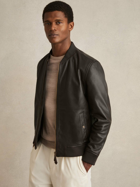 Reiss Popular Choice - Leather Bomber Jacket in Brown