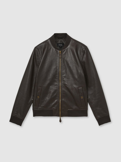 Reiss Popular Choice - Leather Bomber Jacket in Brown