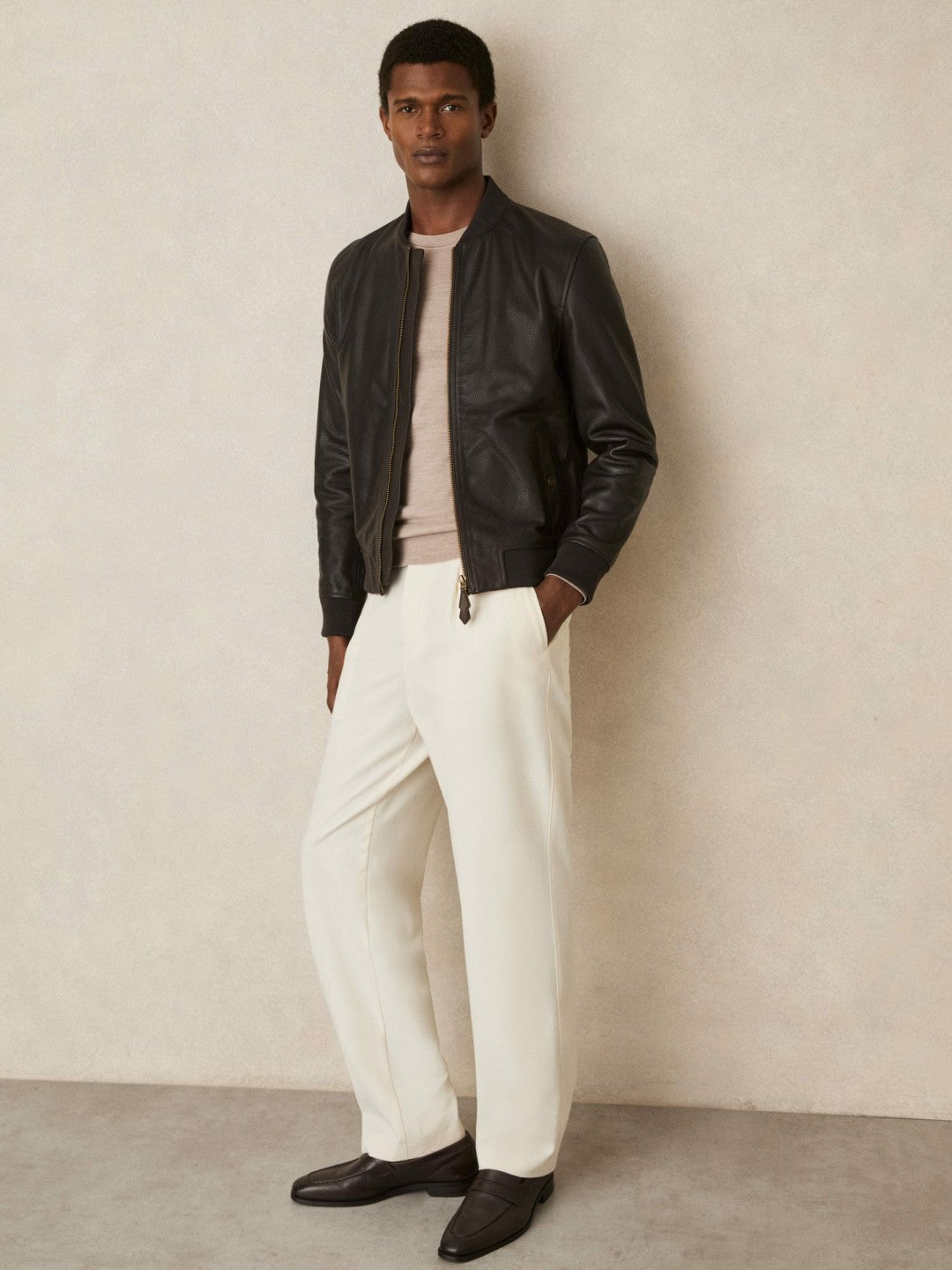 Reiss Popular Choice - Leather Bomber Jacket in Brown