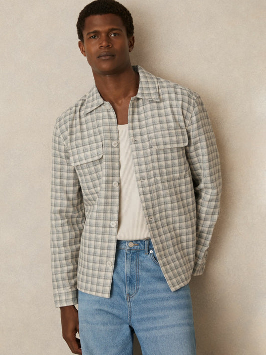 Reiss Popular Choice - Woven Check Twin Pocket Overshirt in Light Grey