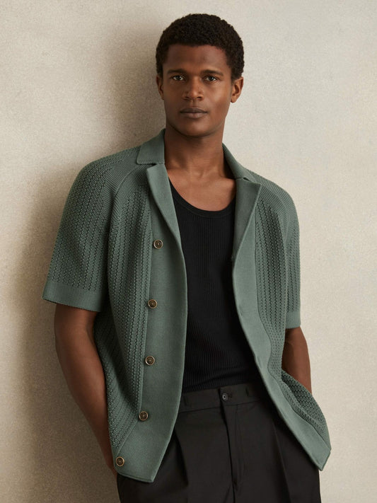 Reiss Cotton Textured-Knit Cuban-Collar Shirt in Pine Green