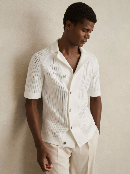 Reiss Cotton Textured-Knit Cuban-Collar Shirt in White