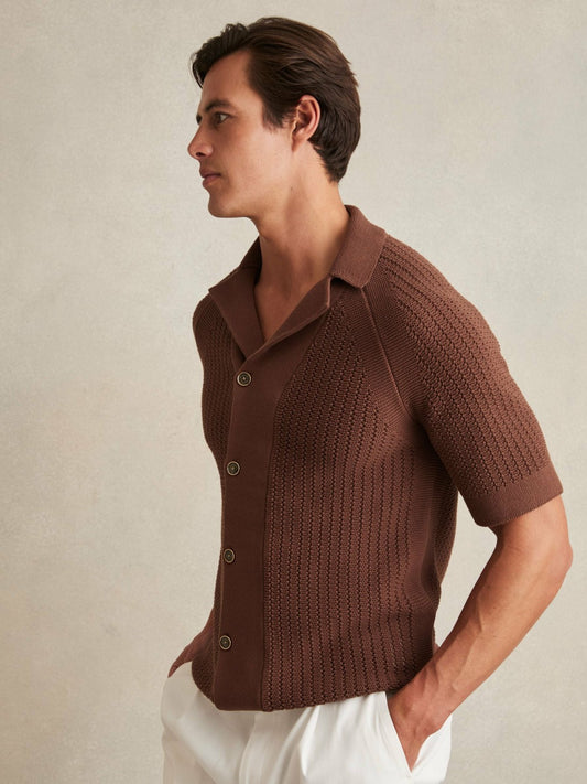 Reiss Cotton Textured-Knit Cuban-Collar Shirt in Tobacco Brown