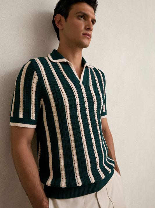 Reiss Value - Cotton Blend Stripe Knit Polo Shirt in Dark Teal Green/Ecru