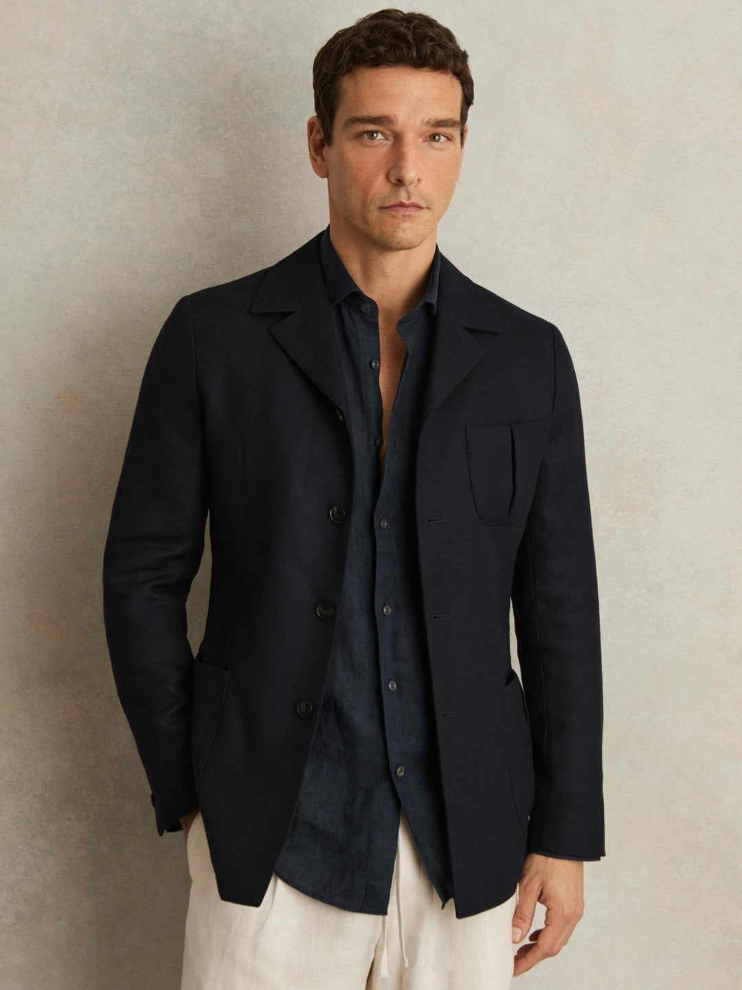 Reiss Popular Choice - Wool-Blend Single-Breasted Blazer Slim-Fit in Navy