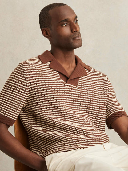 Reiss Value - Cotton Textured Knit Stripe Polo Shirt in Tobacco Brown/ Off White