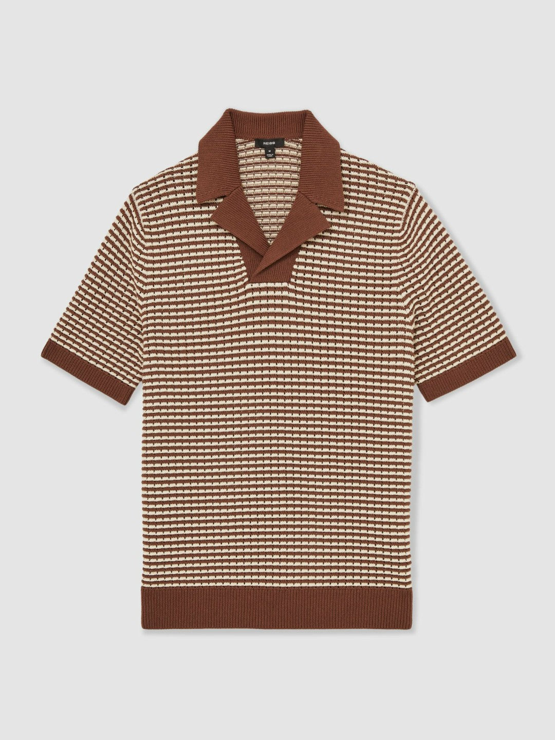 Reiss Value - Cotton Textured Knit Stripe Polo Shirt in Tobacco Brown/ Off White