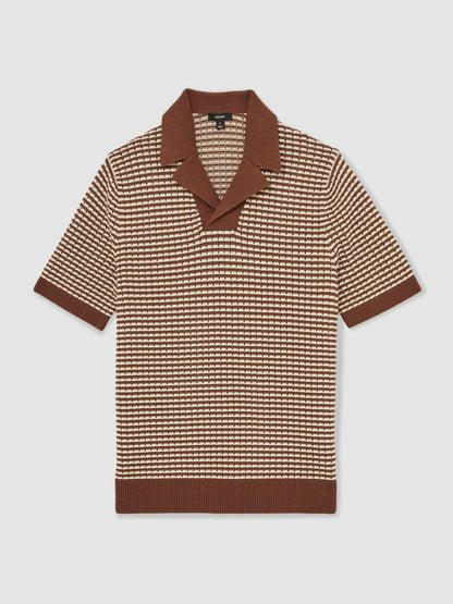 Reiss Value - Cotton Textured Knit Stripe Polo Shirt in Tobacco Brown/ Off White