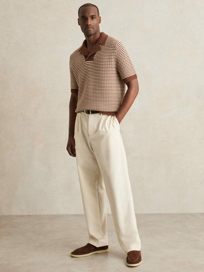 Reiss Value - Cotton Textured Knit Stripe Polo Shirt in Tobacco Brown/ Off White