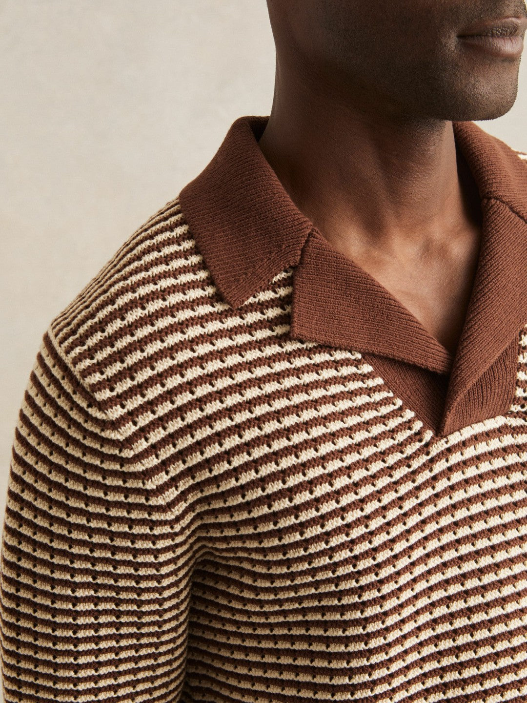 Reiss Value - Cotton Textured Knit Stripe Polo Shirt in Tobacco Brown/ Off White