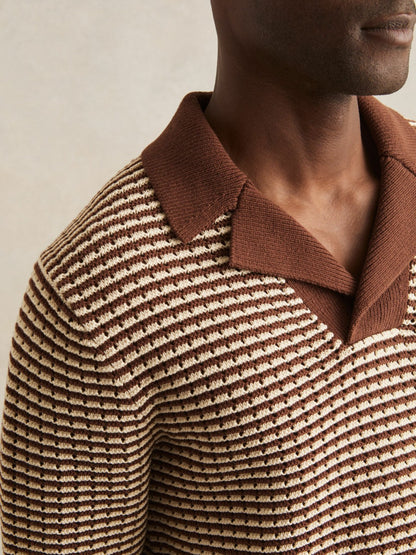 Reiss Value - Cotton Textured Knit Stripe Polo Shirt in Tobacco Brown/ Off White