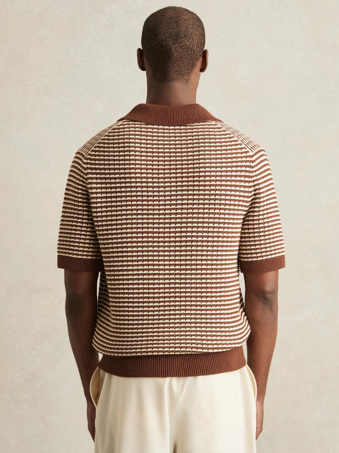 Reiss Value - Cotton Textured Knit Stripe Polo Shirt in Tobacco Brown/ Off White