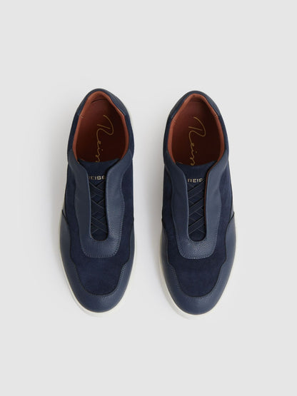 Reiss Sale - Leather Elasticated-Lace Trainers in Navy Blue