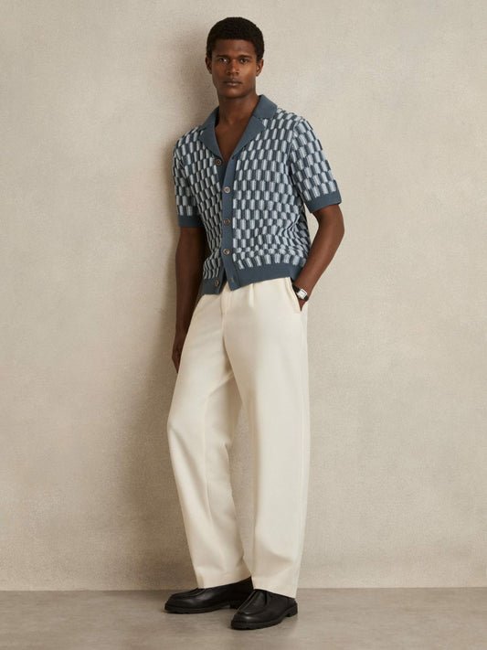Reiss Sale - Cotton Checkerboard-Knit Shirt in Airforce Blue/Soft Blue