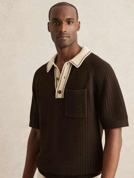 Reiss Popular Choice - Cotton Textured Knit Contrast Polo Shirt in Dark Brown/Stone