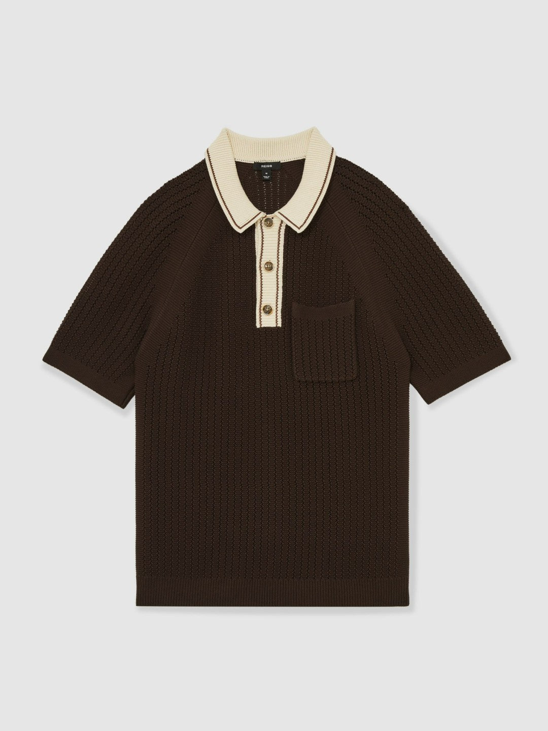 Reiss Popular Choice - Cotton Textured Knit Contrast Polo Shirt in Dark Brown/Stone