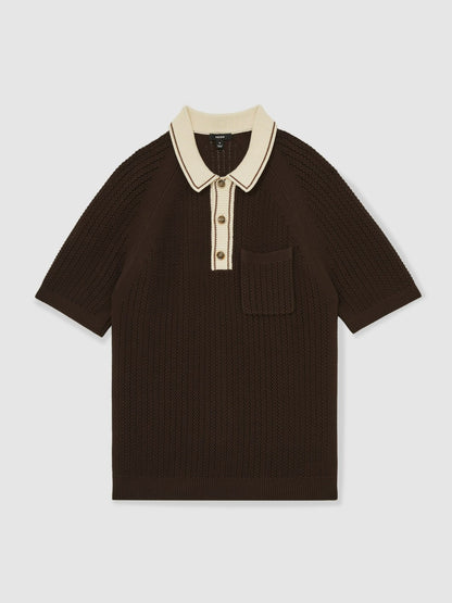 Reiss Popular Choice - Cotton Textured Knit Contrast Polo Shirt in Dark Brown/Stone