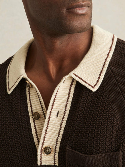 Reiss Popular Choice - Cotton Textured Knit Contrast Polo Shirt in Dark Brown/Stone