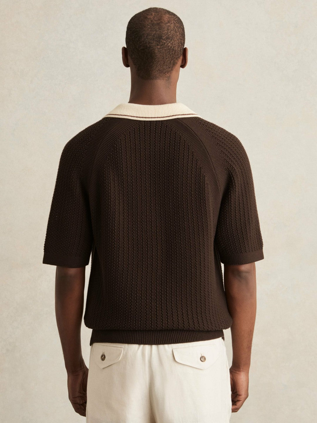 Reiss Popular Choice - Cotton Textured Knit Contrast Polo Shirt in Dark Brown/Stone