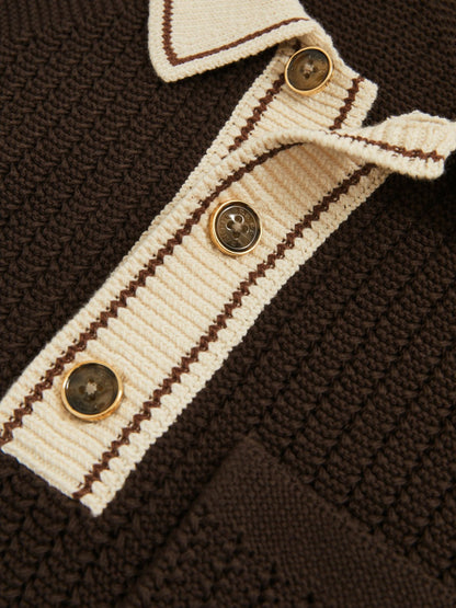 Reiss Popular Choice - Cotton Textured Knit Contrast Polo Shirt in Dark Brown/Stone