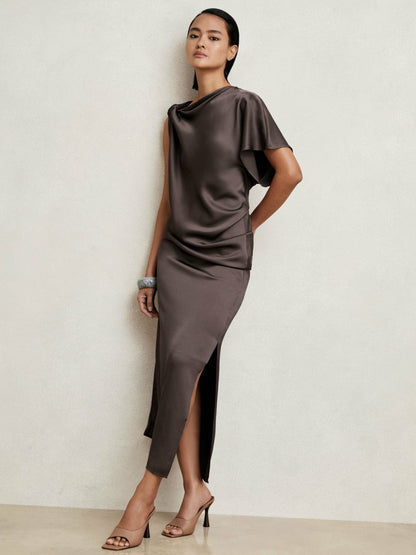 Reiss Satin Asymmetric Draped Midi Dress in Mauve