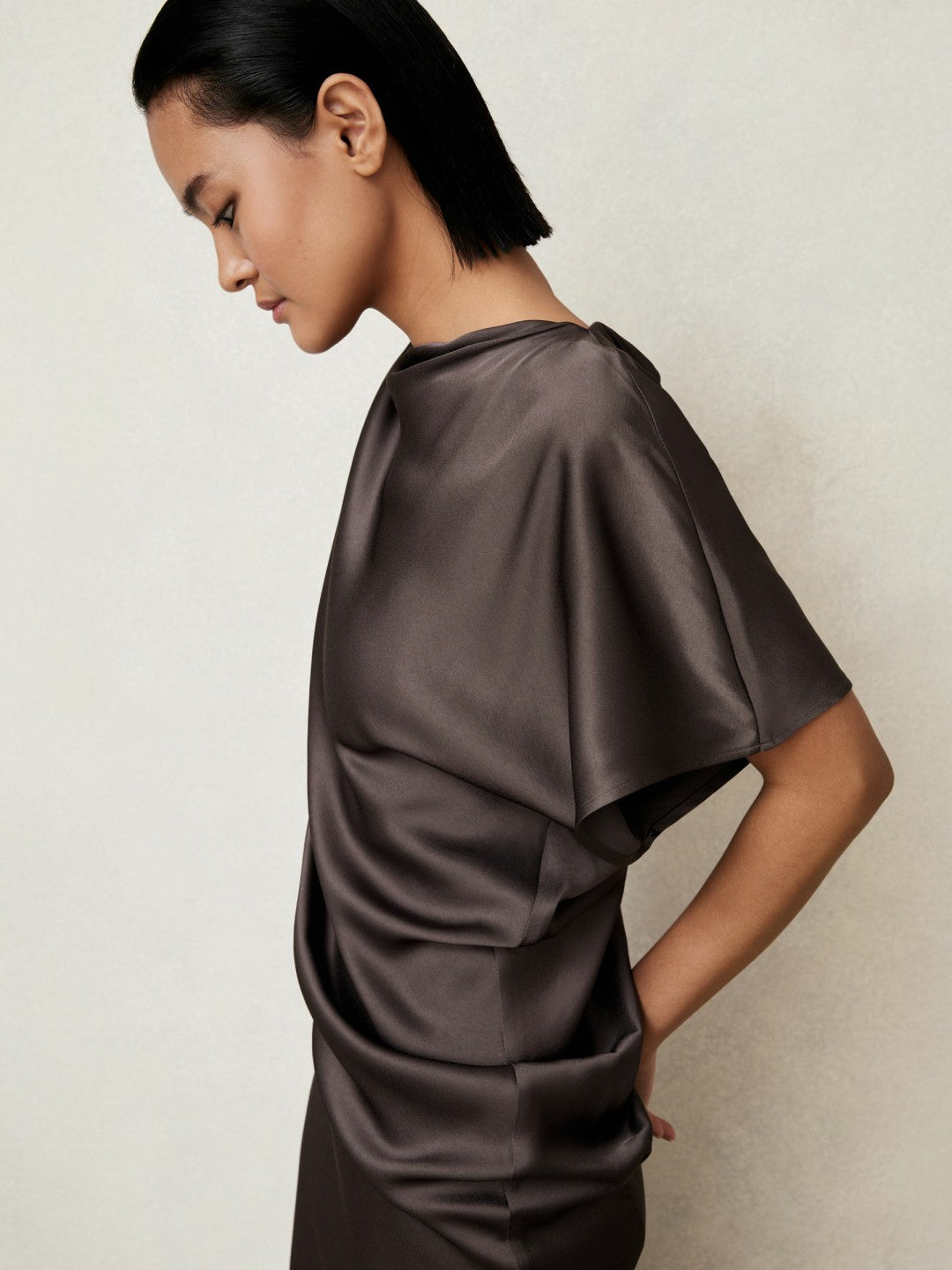 Reiss Satin Asymmetric Draped Midi Dress in Mauve