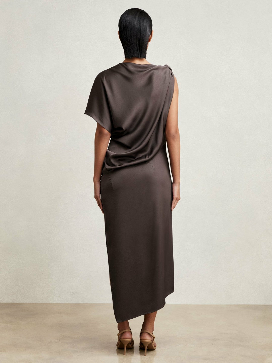 Reiss Satin Asymmetric Draped Midi Dress in Mauve