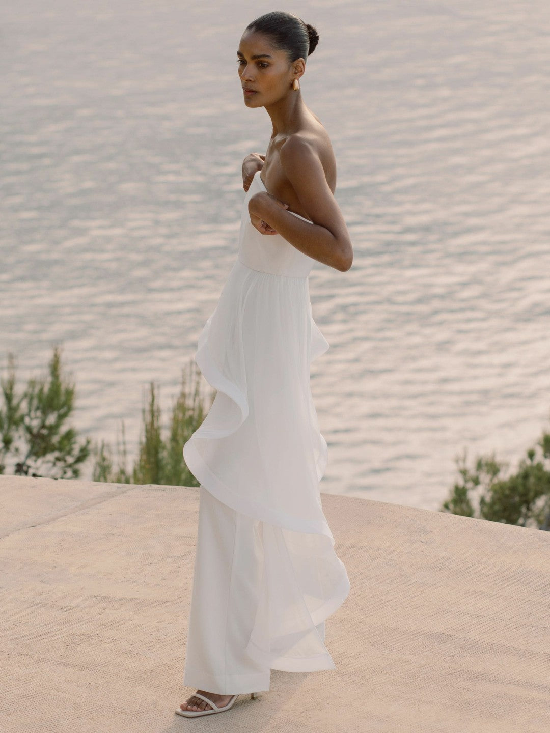Reiss Deal - Silk Ruffle Bandeau Wide-Leg Jumpsuit in Ivory
