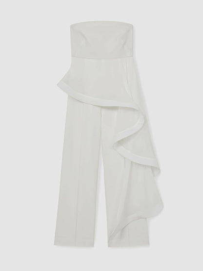 Reiss Deal - Silk Ruffle Bandeau Wide-Leg Jumpsuit in Ivory