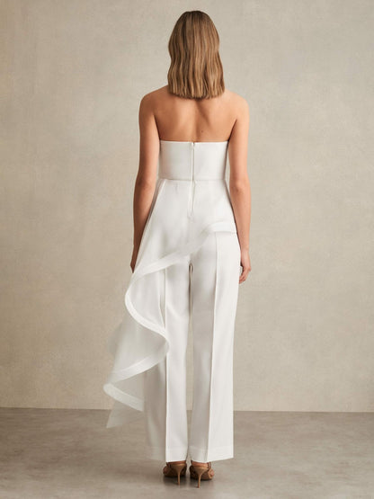 Reiss Deal - Silk Ruffle Bandeau Wide-Leg Jumpsuit in Ivory