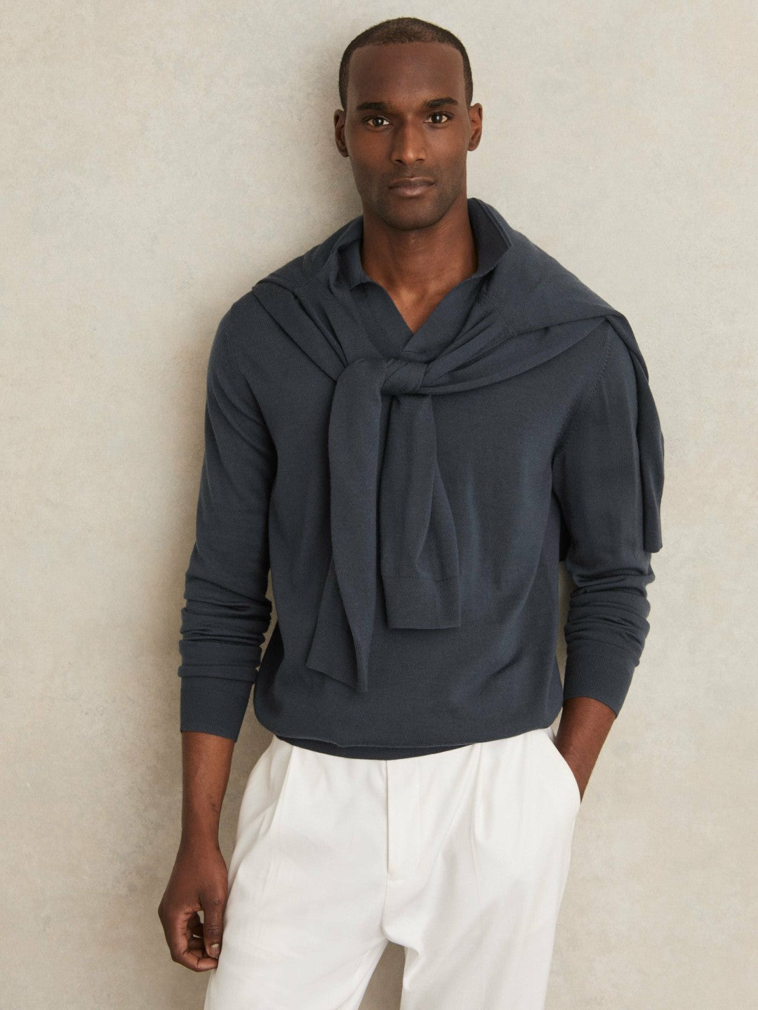 Reiss Deal - Merino Wool Open-Collar Polo Shirt in Midnight Navy