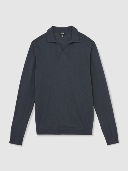 Reiss Deal - Merino Wool Open-Collar Polo Shirt in Midnight Navy