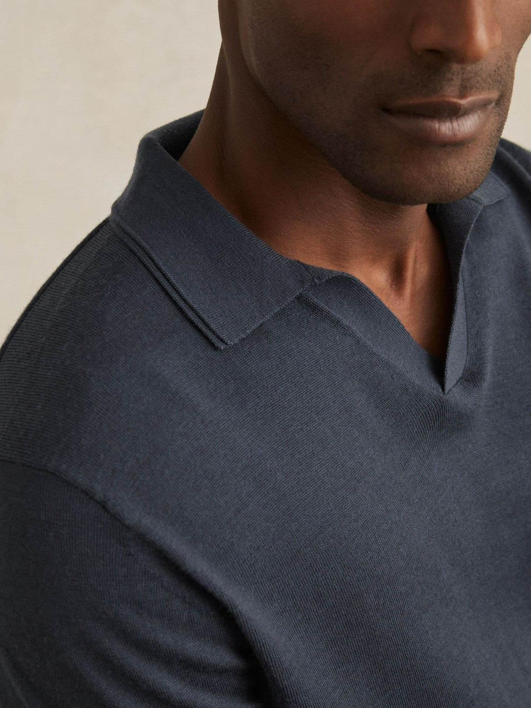 Reiss Deal - Merino Wool Open-Collar Polo Shirt in Midnight Navy