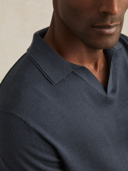Reiss Deal - Merino Wool Open-Collar Polo Shirt in Midnight Navy