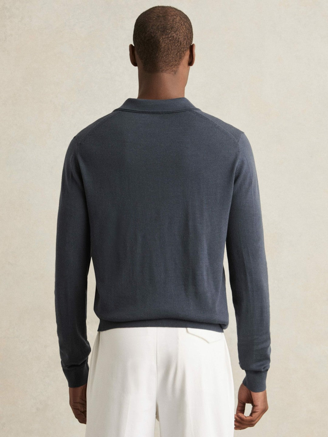 Reiss Deal - Merino Wool Open-Collar Polo Shirt in Midnight Navy